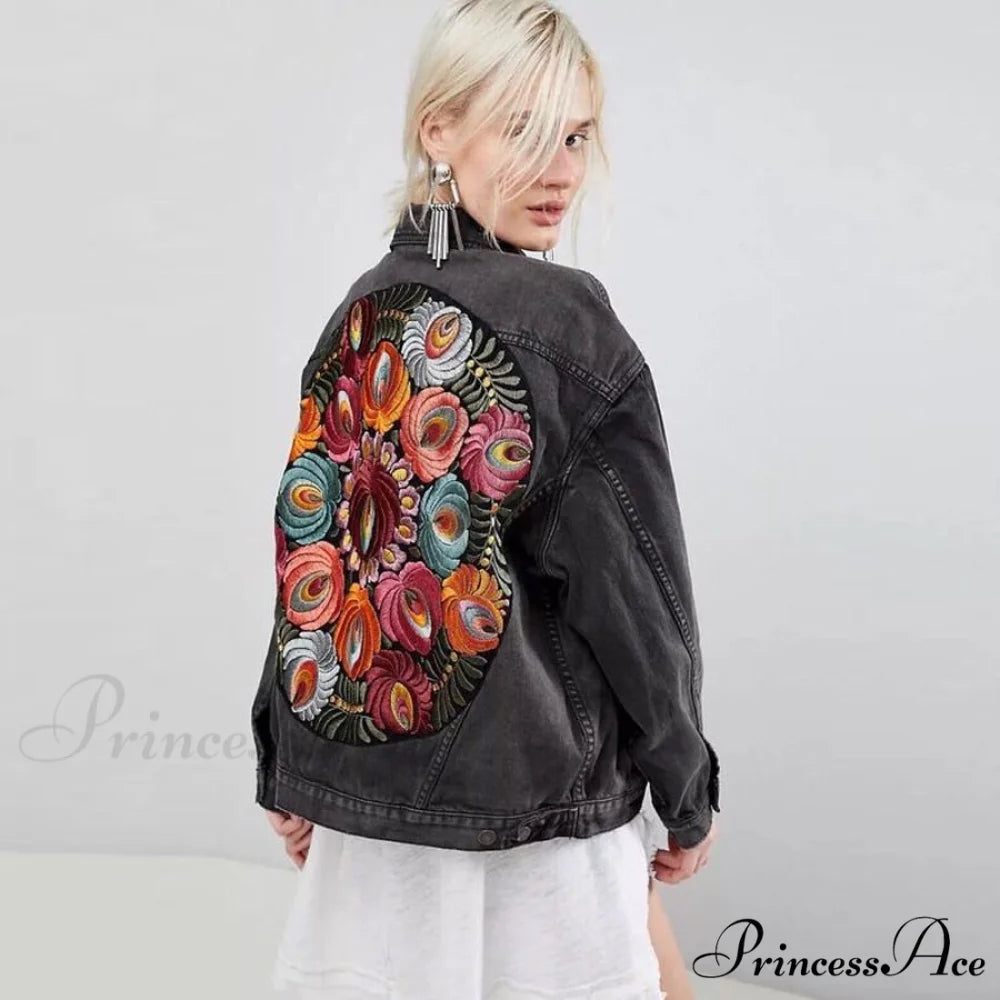 Floral Embroidered Denim Jacket Black / One Size