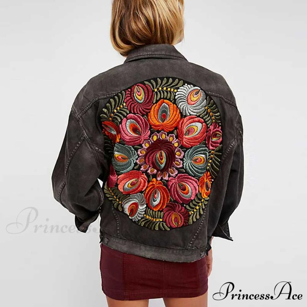 Floral Embroidered Denim Jacket Black / One Size