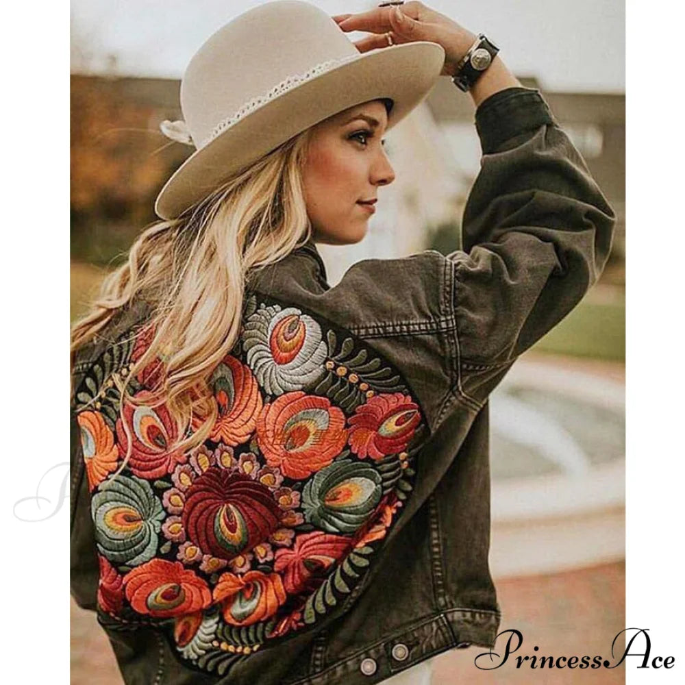 Floral Embroidered Denim Jacket Black / One Size