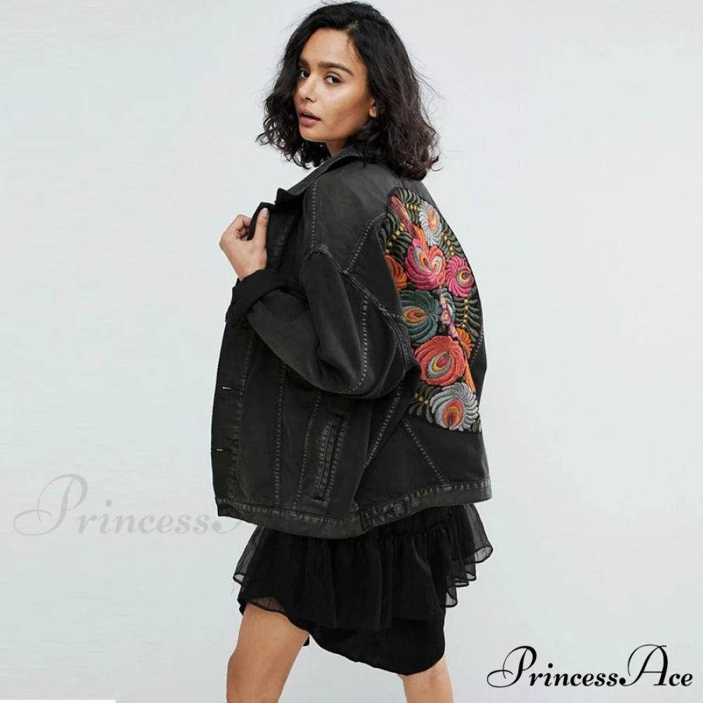 Floral Embroidered Denim Jacket Black / One Size