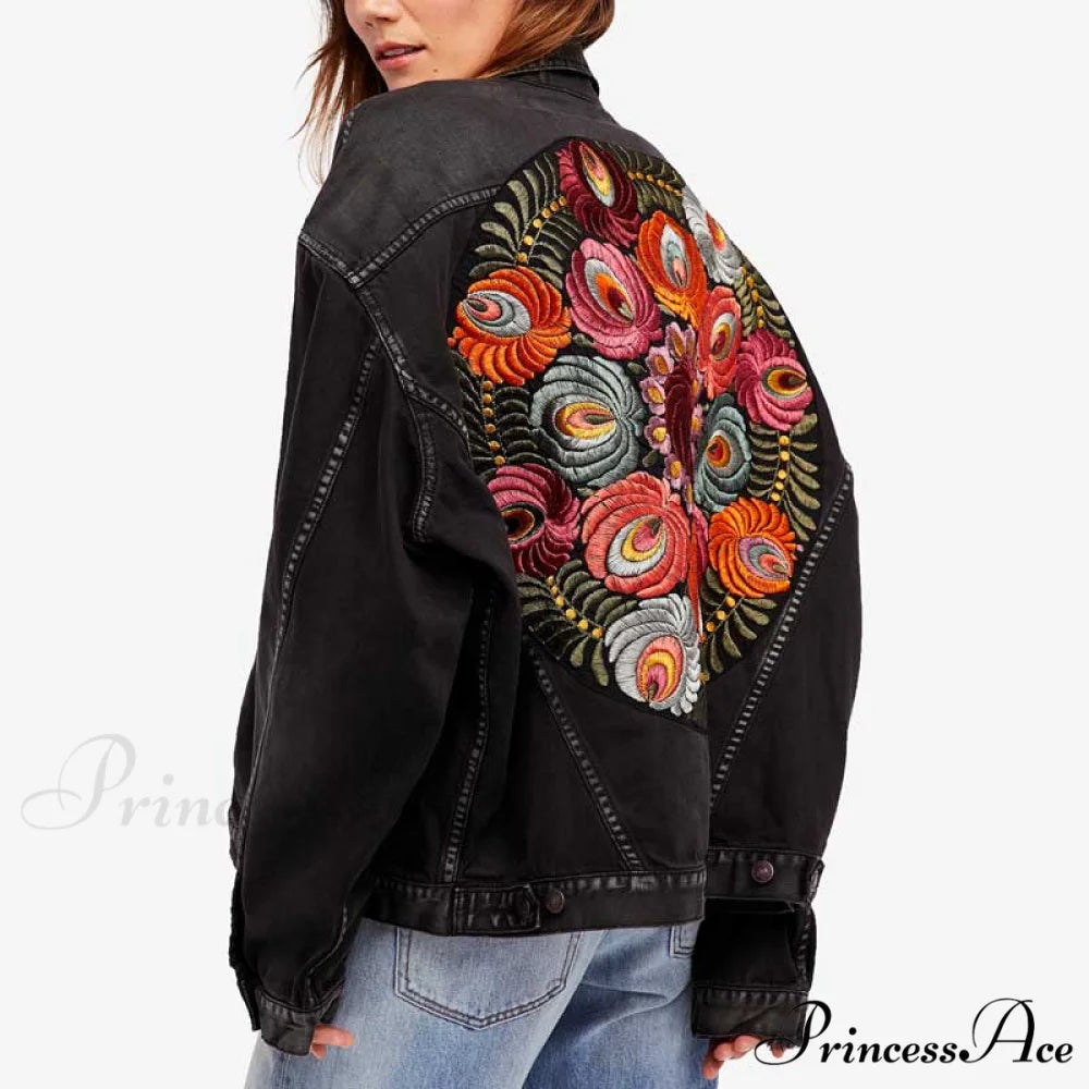 Floral Embroidered Denim Jacket Black / One Size