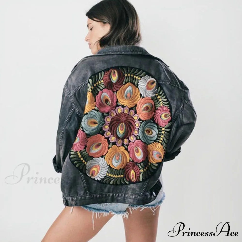 Floral Embroidered Denim Jacket Black / One Size
