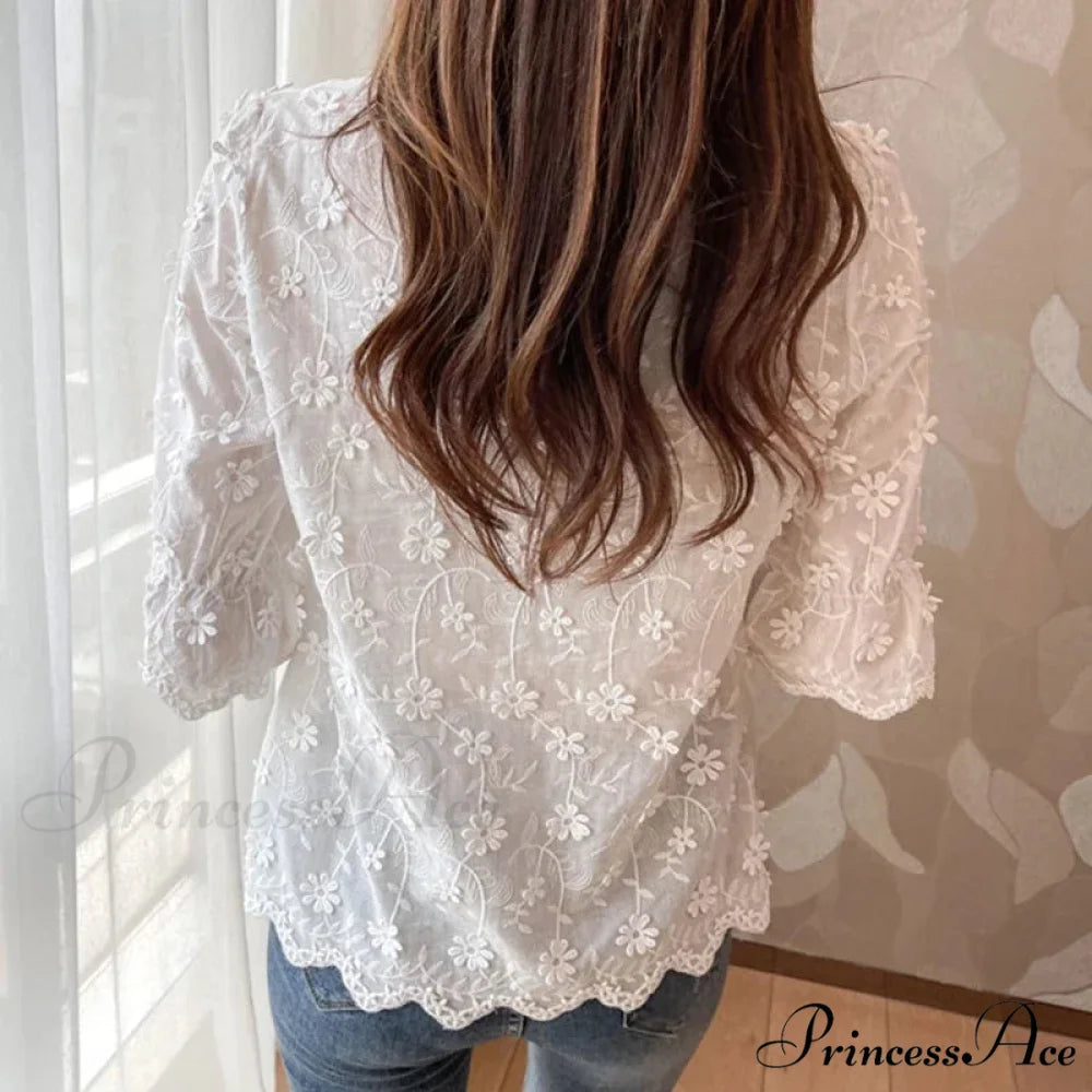 Floral Embroidered Short Sleeve Ivory Top blouse-250223
