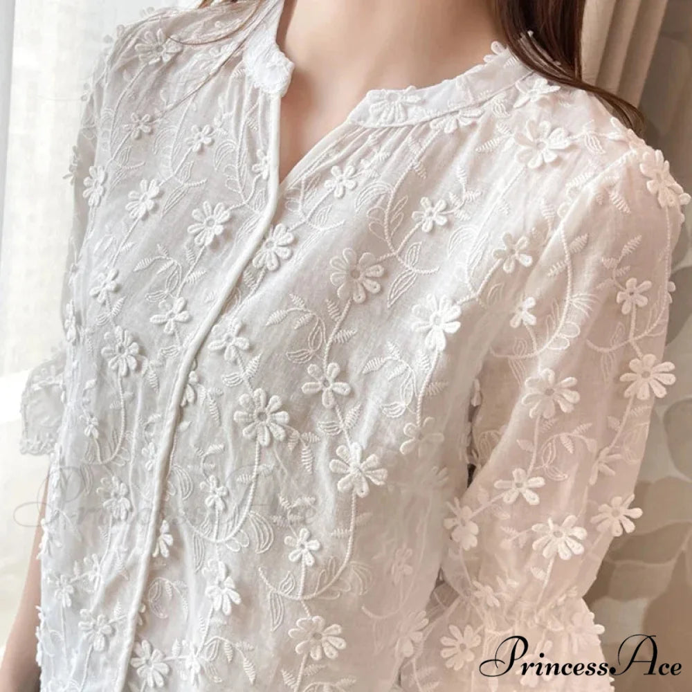 Floral Embroidered Short Sleeve Ivory Top blouse-250223