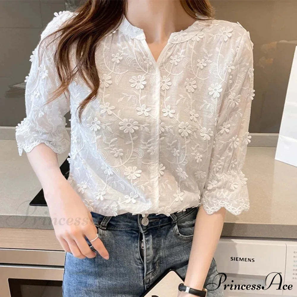 Floral Embroidered Short Sleeve Ivory Top blouse-250223