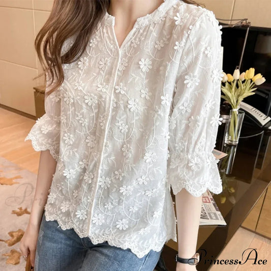 Floral Embroidered Short Sleeve Ivory Top blouse-250223