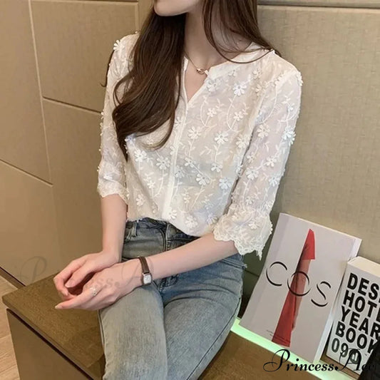 Floral Embroidered Short Sleeve Ivory Top WHITE / S blouse-250223