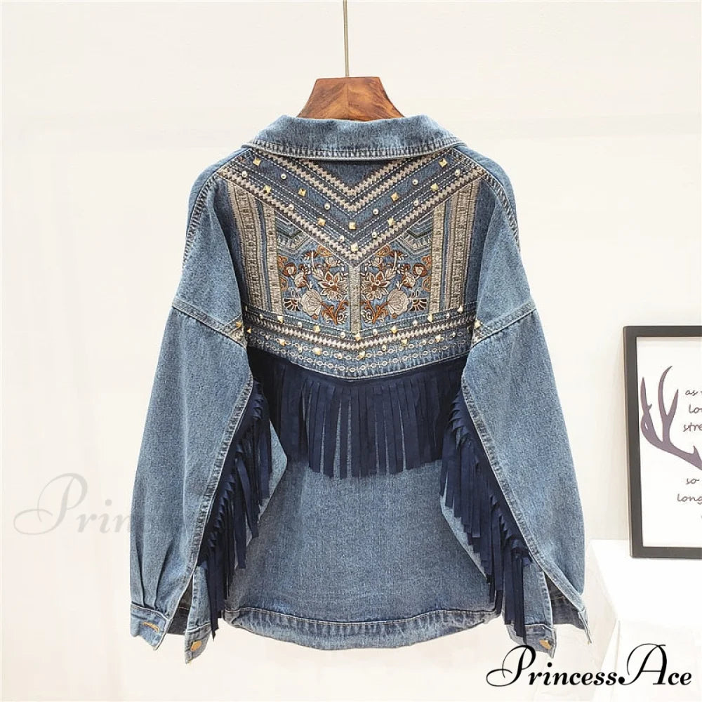 Floral Embroidery Suede Fringe Demin Jacket Blue / S