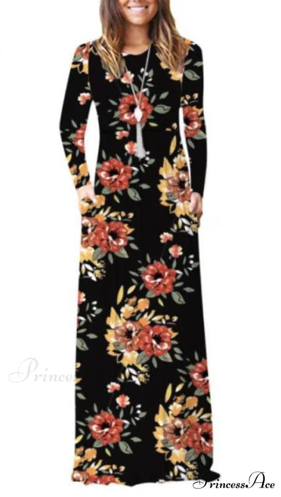 Floral Empire Pleated Maxi Casual Long Dresses Black Yellow / XL