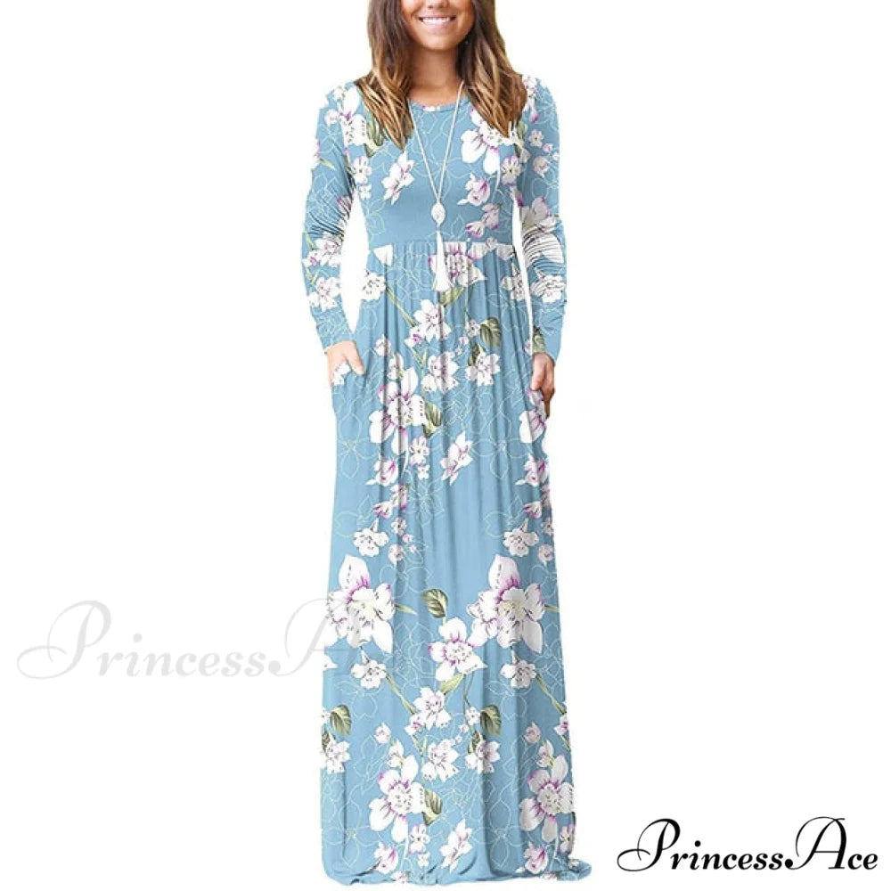 Floral Empire Pleated Maxi Casual Long Dresses Blue / XL