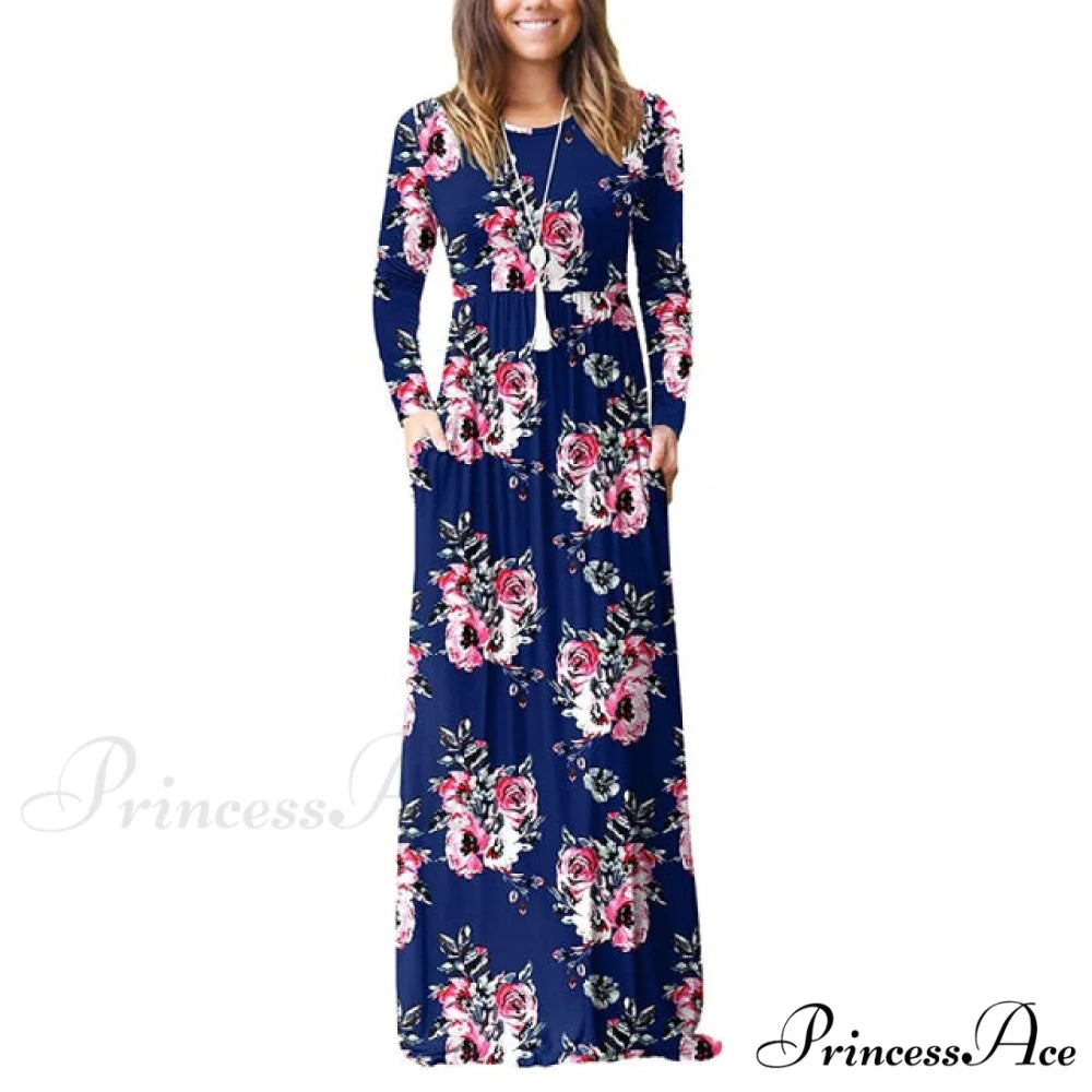 Floral Empire Pleated Maxi Casual Long Dresses Navy Blue / XL