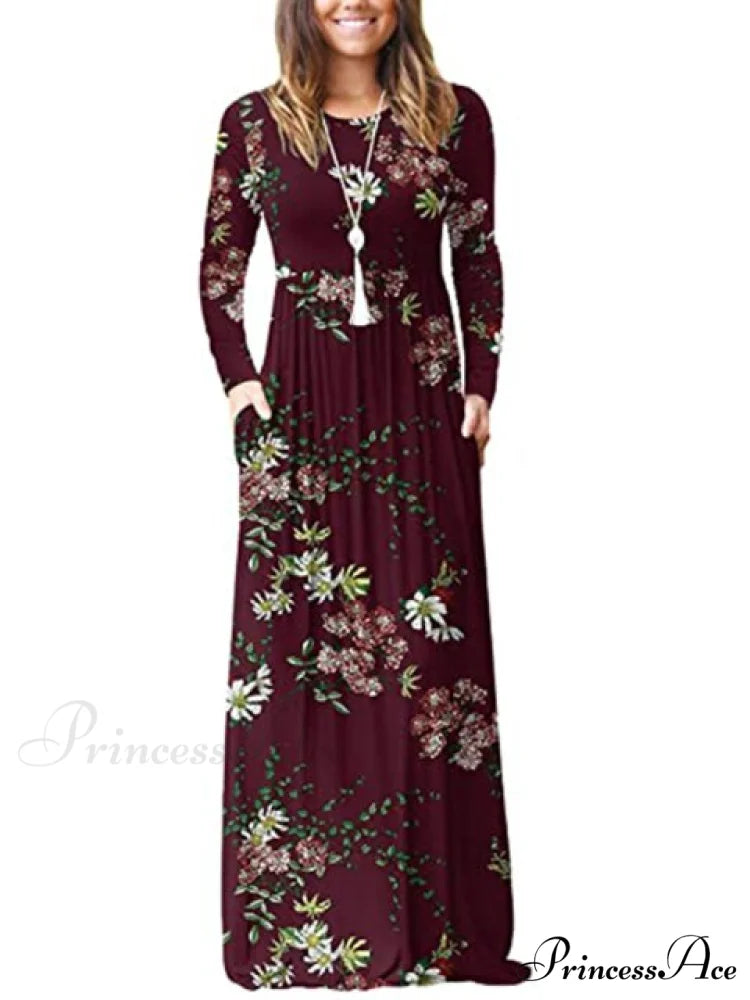 Floral Empire Pleated Maxi Casual Long Dresses Red / XL