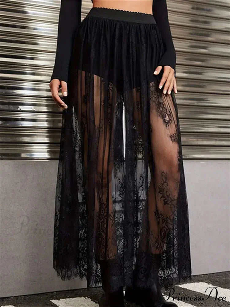 Floral Extended Maxi Skirt Solid Mesh Integrated Shorts Skirt skirt-250126