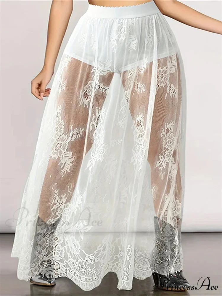 Floral Extended Maxi Skirt Solid Mesh Integrated Shorts Skirt WHITE / S skirt-250126