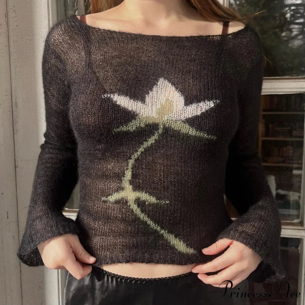Floral Extended Sleeve Cropped Mesh Knit Sweater Top Women Type 4 / S knittop-250126