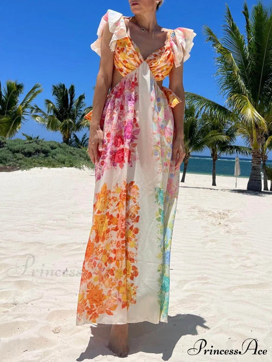 Floral Frill Cutout Charming Back Tie-Up Maxi Dress Multicolor / S