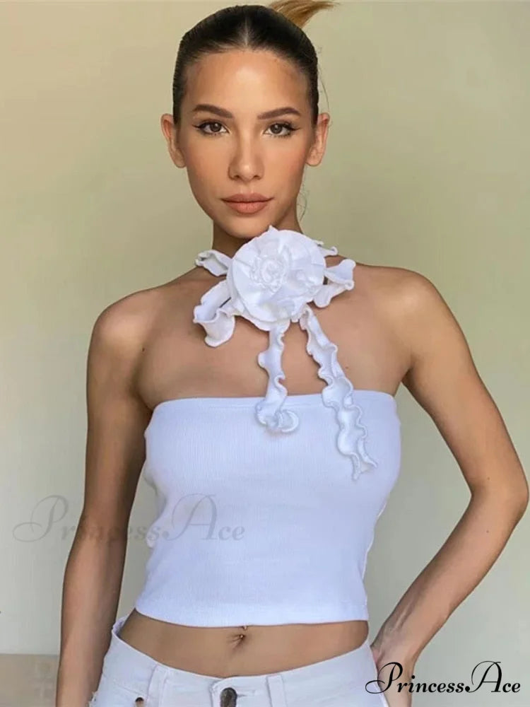 Floral Frill Strappy Charming Wrap Around Crop Top White / S