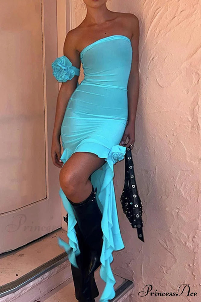 Floral Fringe Mesh Strapless Dress Blue / M