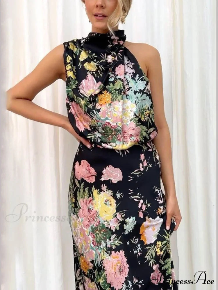 Floral Halter Neck Charming Elastic Waist Maxi Dress Black / S