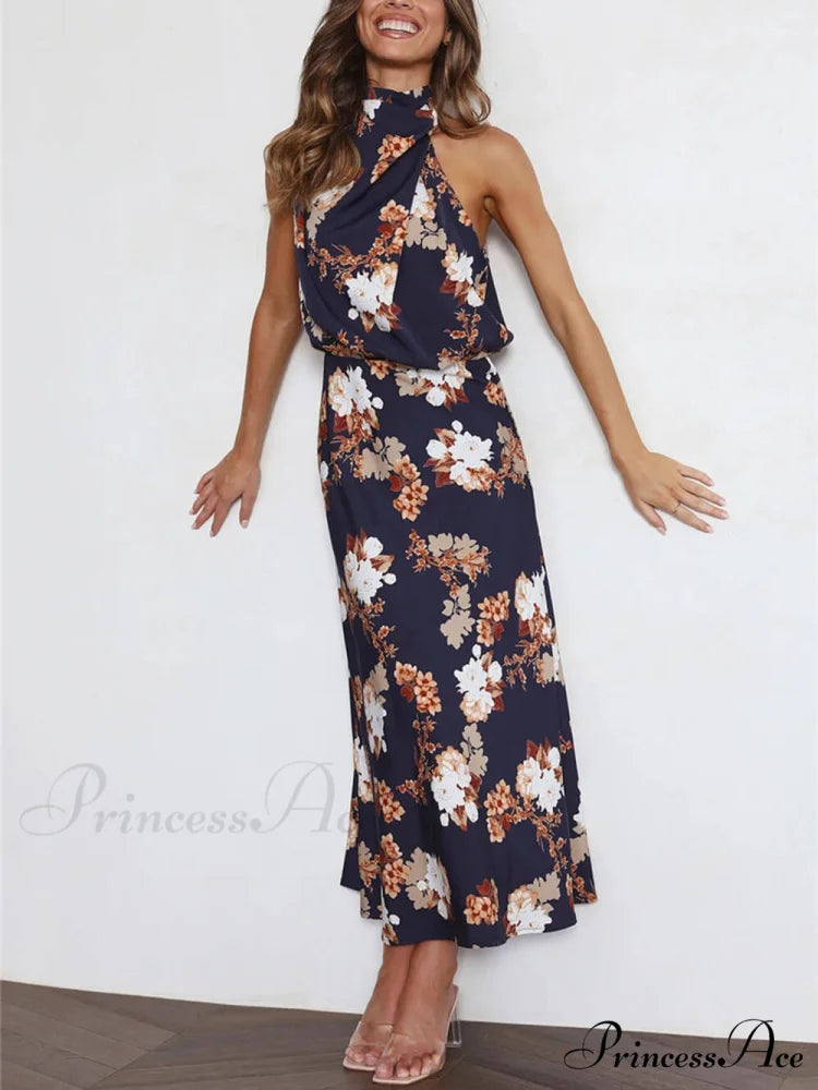 Floral Halter Neck Charming Elastic Waist Maxi Dress Navy Blue / S