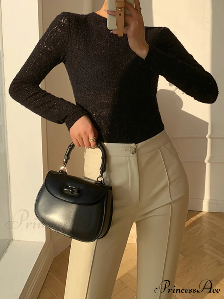 Floral Hollow Knit Crew Modern Neck Long Sleeve Top Black / XS