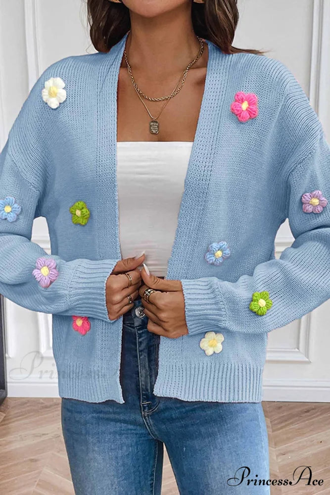 Floral Knitted Long Sleeve Cardigan Blue / S