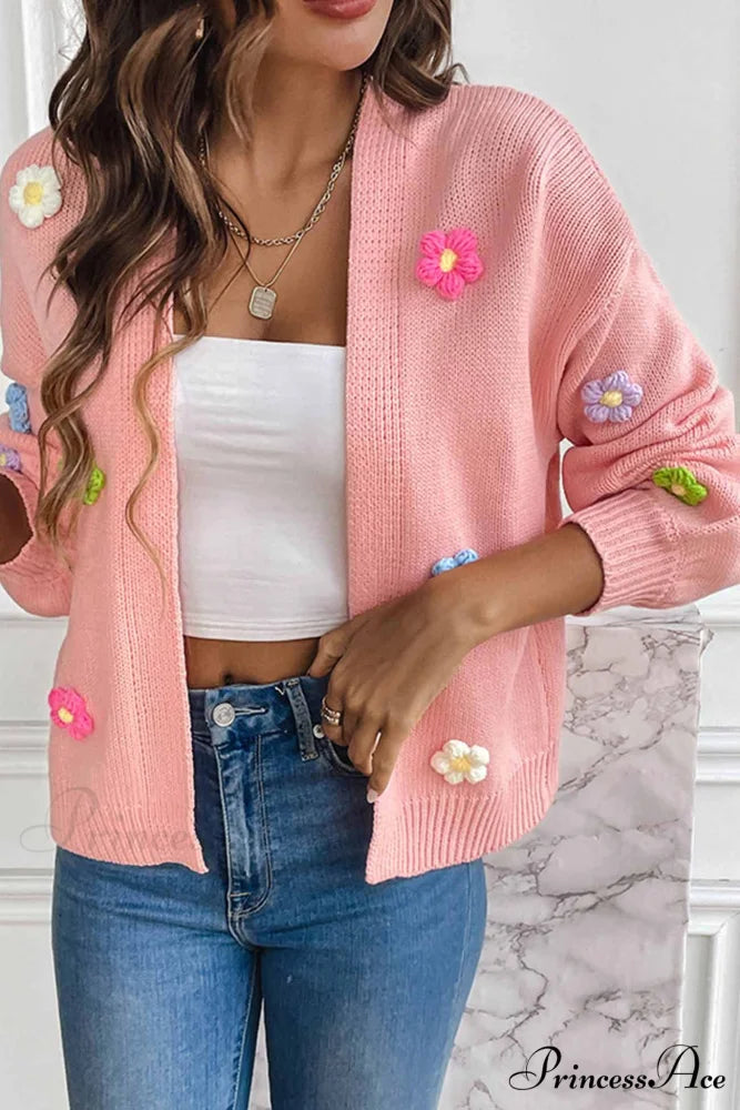 Floral Knitted Long Sleeve Cardigan Pink / L