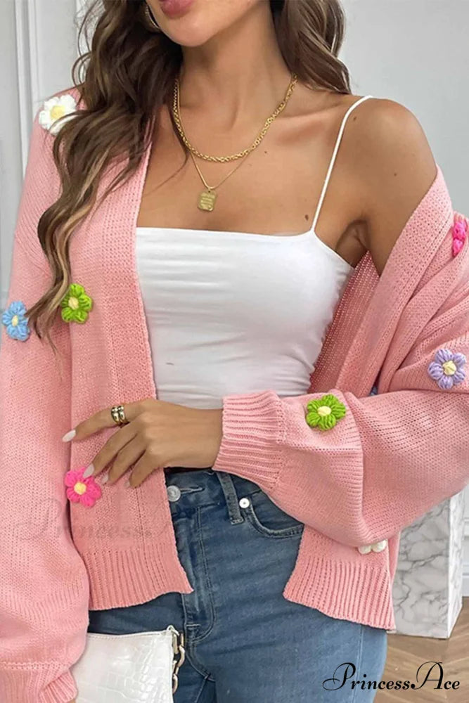 Floral Knitted Long Sleeve Cardigan Pink / S