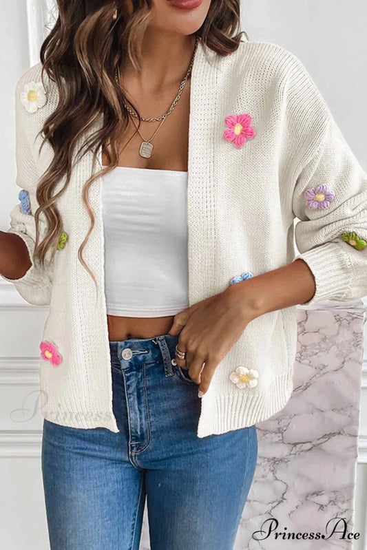 Floral Knitted Long Sleeve Cardigan White / M