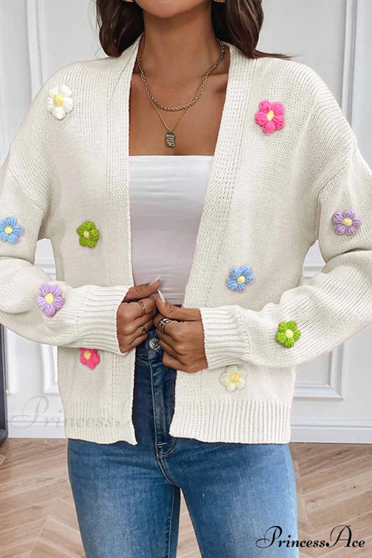 Floral Knitted Long Sleeve Cardigan White / S