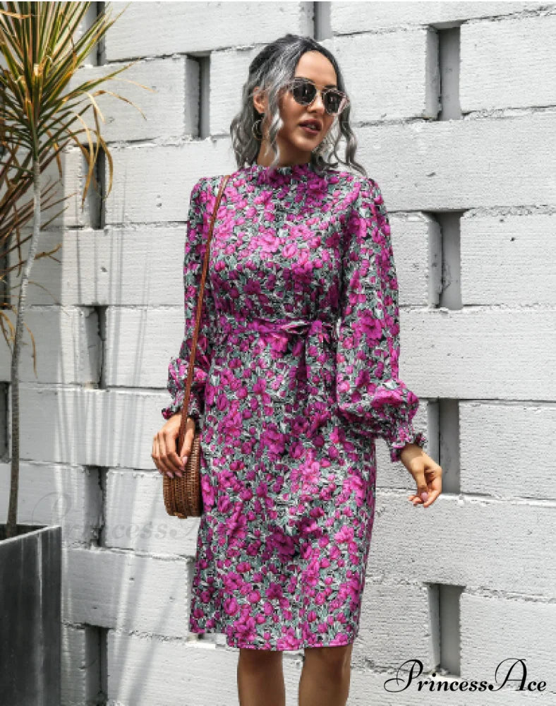 Floral Lace A-Line Skirt with Stand-Up Collar and Lantern Sleeves Dress