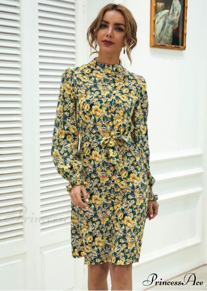 Floral Lace A-Line Skirt with Stand-Up Collar and Lantern Sleeves Dress L / yellow