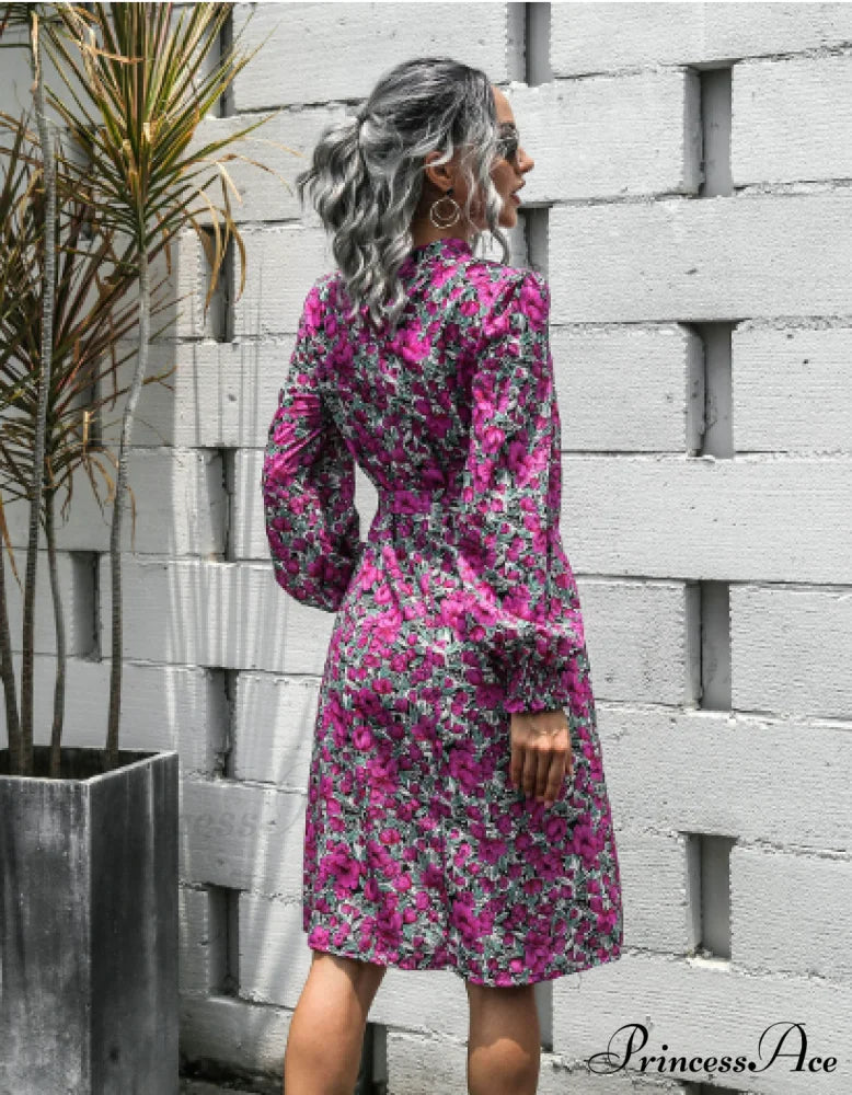Floral Lace A-Line Skirt with Stand-Up Collar and Lantern Sleeves Dress M / purple