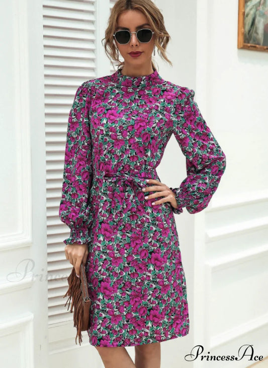 Floral Lace A-Line Skirt with Stand-Up Collar and Lantern Sleeves Dress S / purple