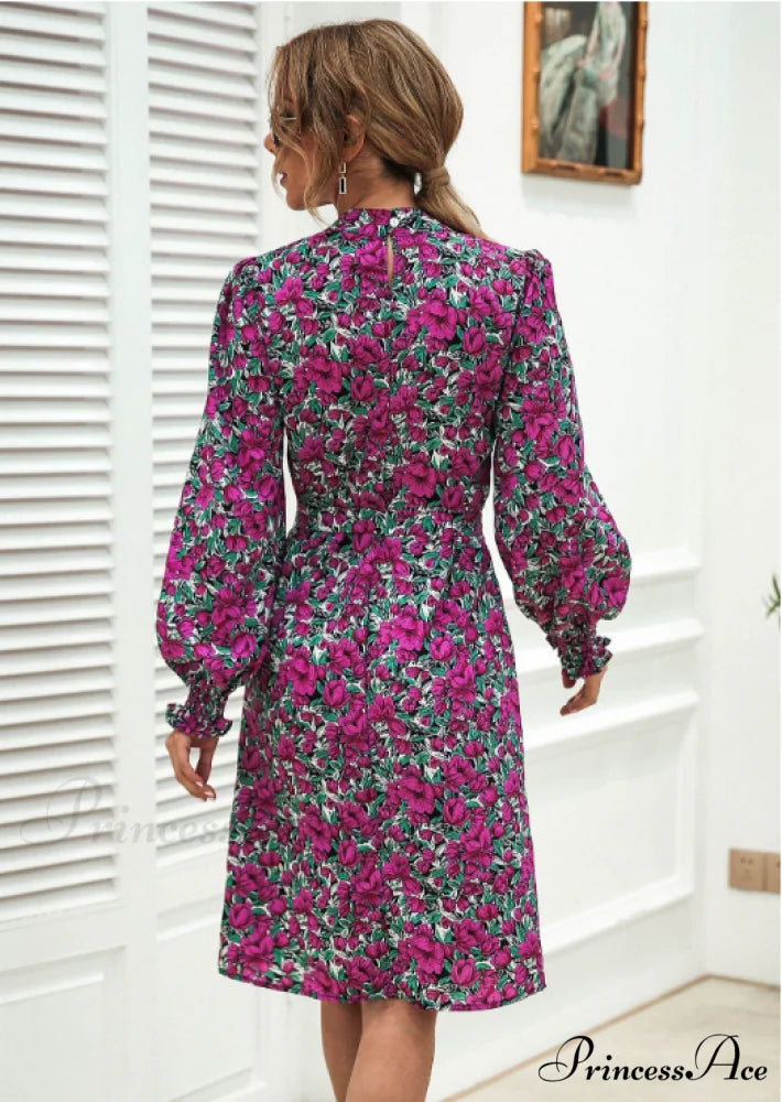 Floral Lace A-Line Skirt with Stand-Up Collar and Lantern Sleeves Dress S / red