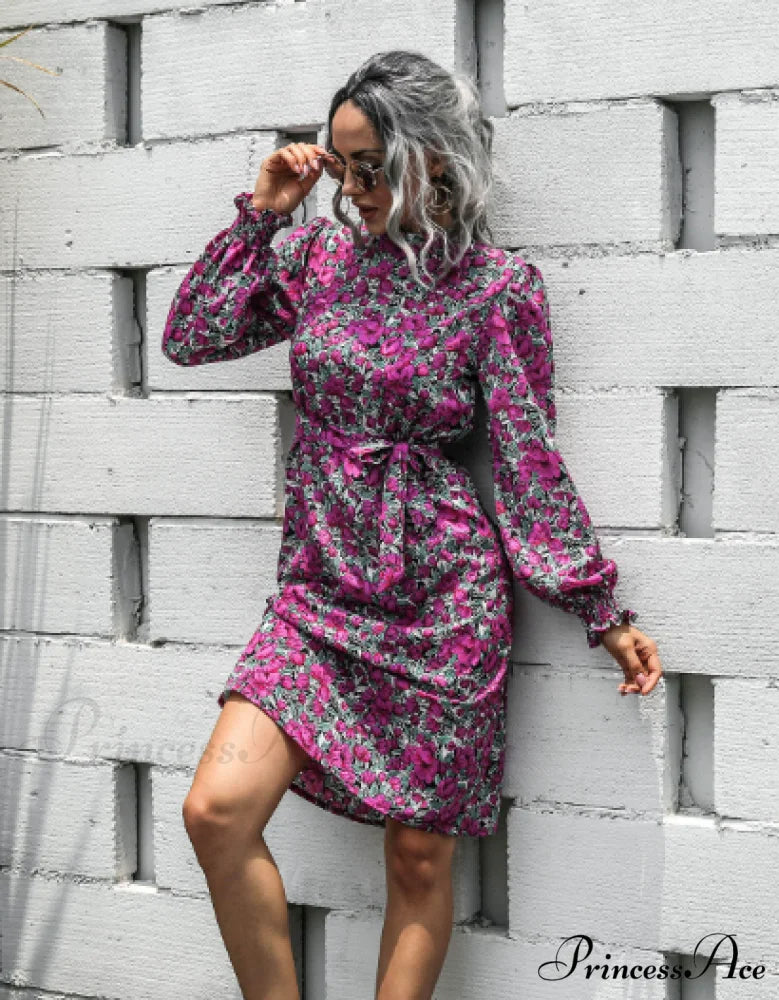 Floral Lace A-Line Skirt with Stand-Up Collar and Lantern Sleeves Dress XL / purple