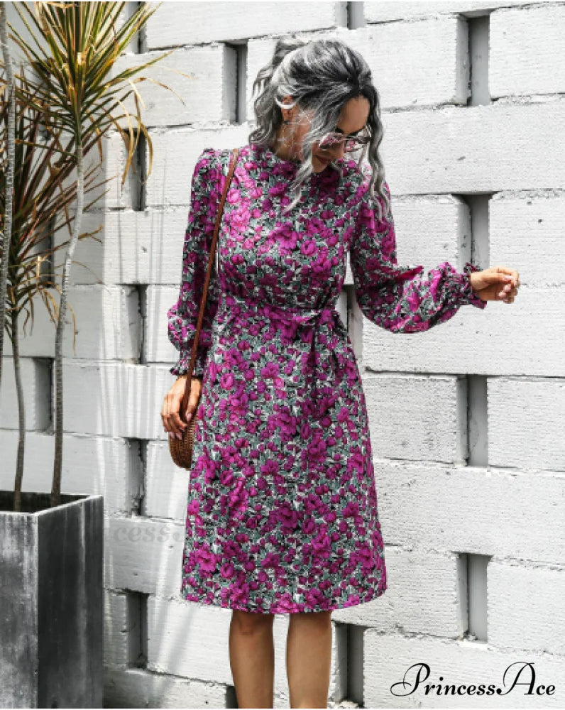 Floral Lace A-Line Skirt with Stand-Up Collar and Lantern Sleeves Dress XL / yellow