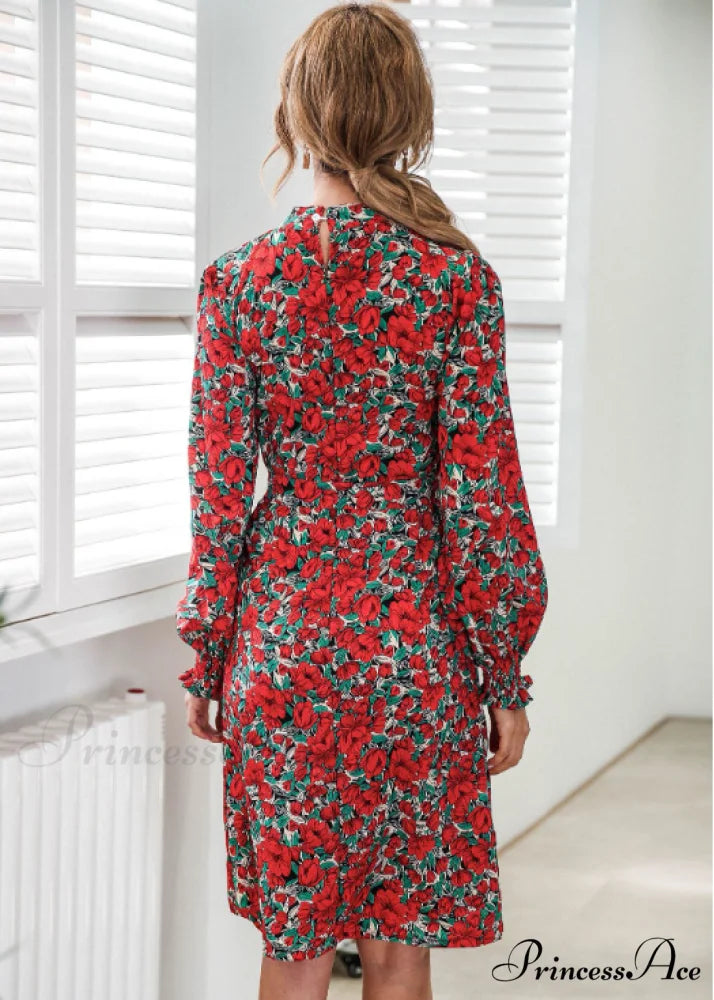 Floral Lace A-Line Skirt with Stand-Up Collar and Lantern Sleeves L / purple