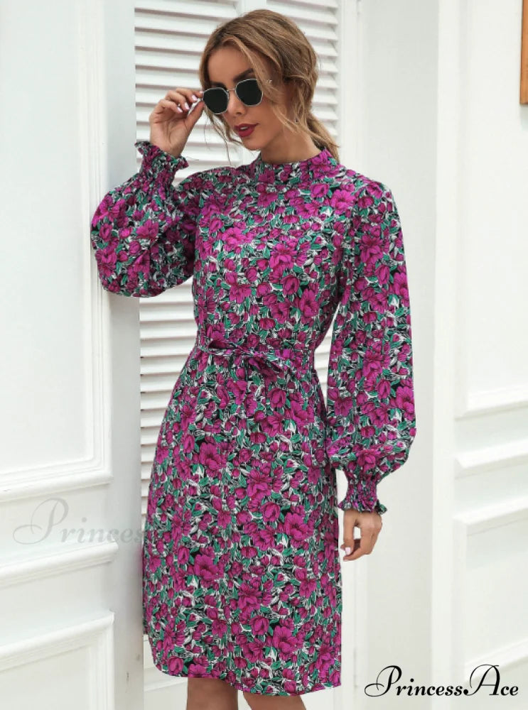 Floral Lace A-Line Skirt with Stand-Up Collar and Lantern Sleeves M / red