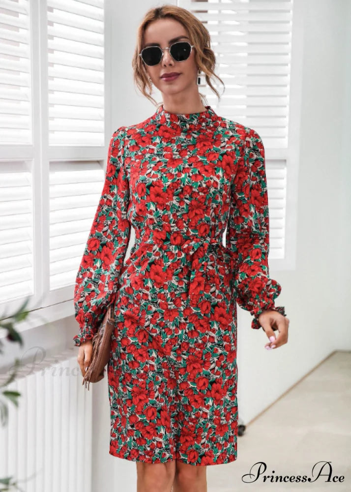 Floral Lace A-Line Skirt with Stand-Up Collar and Lantern Sleeves M / yellow