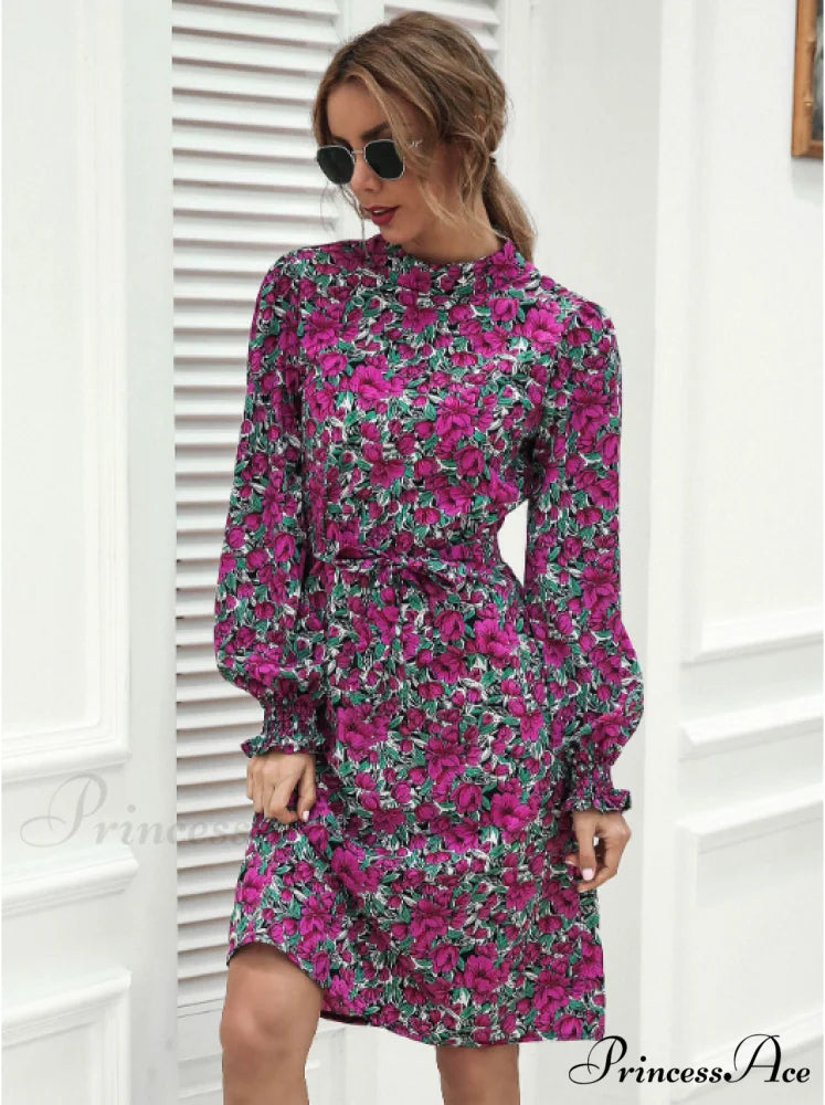 Floral Lace A-Line Skirt with Stand-Up Collar and Lantern Sleeves S / yellow