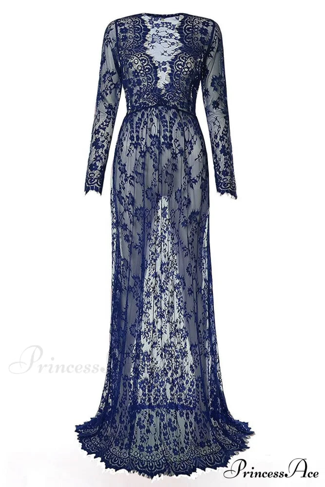 Floral Lace High Waist Slim Long Dress with Sheer Detail S / Apricot