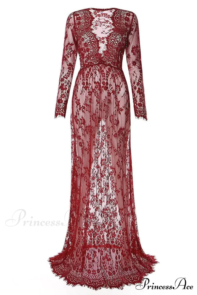 Floral Lace High Waist Slim Long Dress with Sheer Detail S / Blue