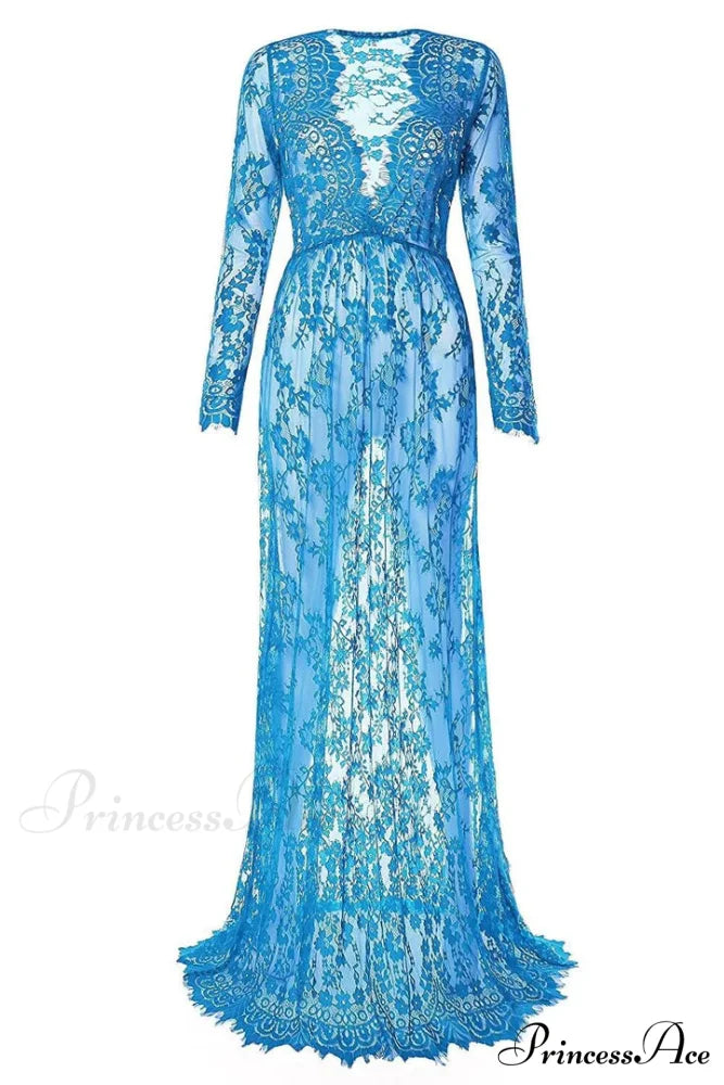 Floral Lace High Waist Slim Long Dress with Sheer Detail S / Burgundy