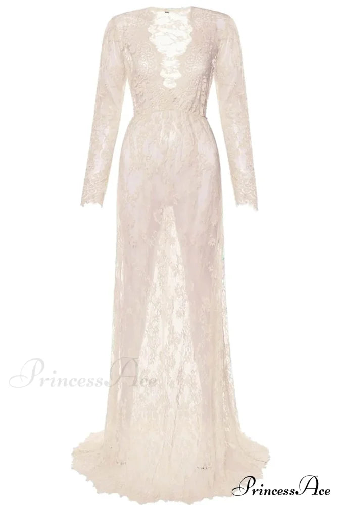 Floral Lace High Waist Slim Long Dress with Sheer Detail S / Pink