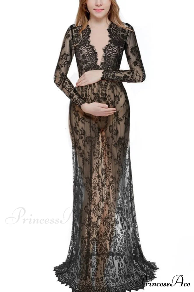 Floral Lace High Waist Slim Long Dress with Sheer Detail S / White