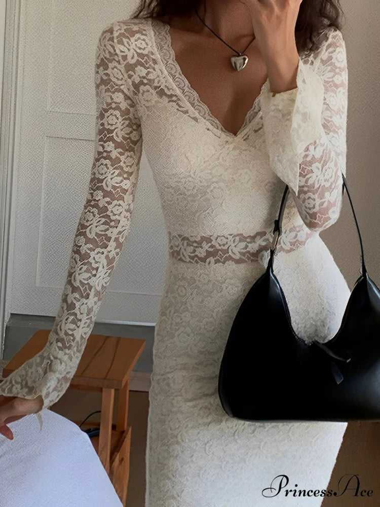 Floral Lace Long Trendy Sleeve Plunge Midi Dress