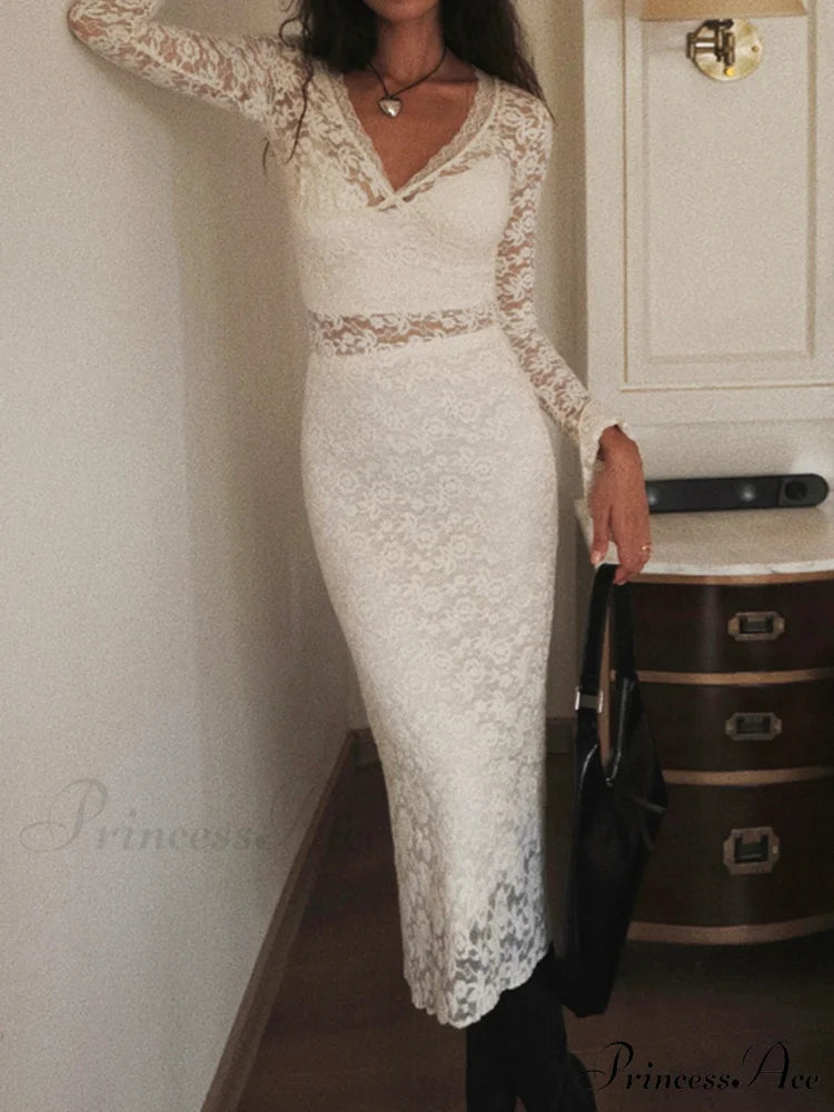 Floral Lace Long Trendy Sleeve Plunge Midi Dress