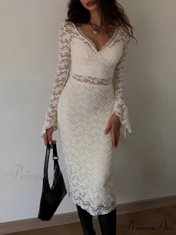 Floral Lace Long Trendy Sleeve Plunge Midi Dress Off-White / XS