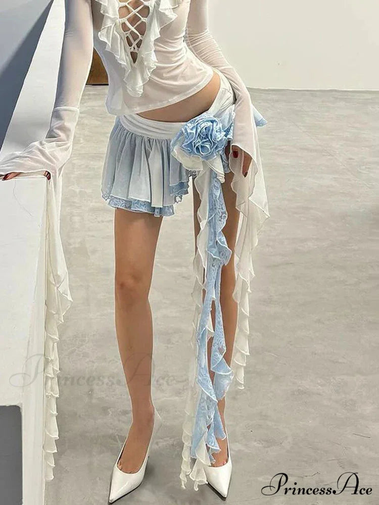 Floral Lace Mini Skirt Uneven Frill Urban Skirt Blue / S skirt-250126